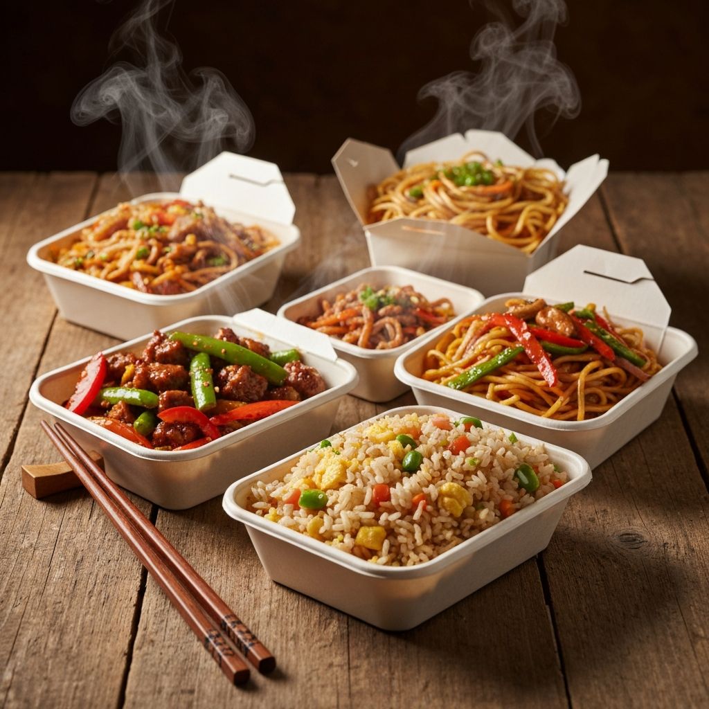 Chinese takeaway containers with fried rice, noodles and stir-fry from Pagoda Chinese Restaurant
